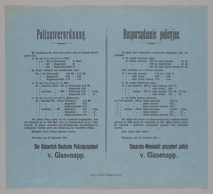 Polizeiverordnung / Rozporządzenie policyjne o ustaleniu cen maksymalnych na mąkę w sprzedaży detalicznej i hurtowej i chleb