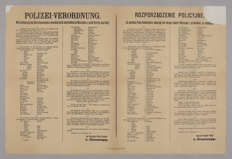 Polizei-Verordnung / Rozporządzenie policyjne o zakazie wyszynku napojów alkoholowych z wyjątkiem restauracji hotelowych w Warszawie i na przedmieściach