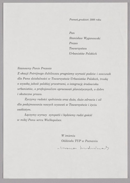 Pismo członka Oddziału Towarzystwa Urbanistów Polskich w Poznaniu wysłane do Stanisława Wyganowskiego