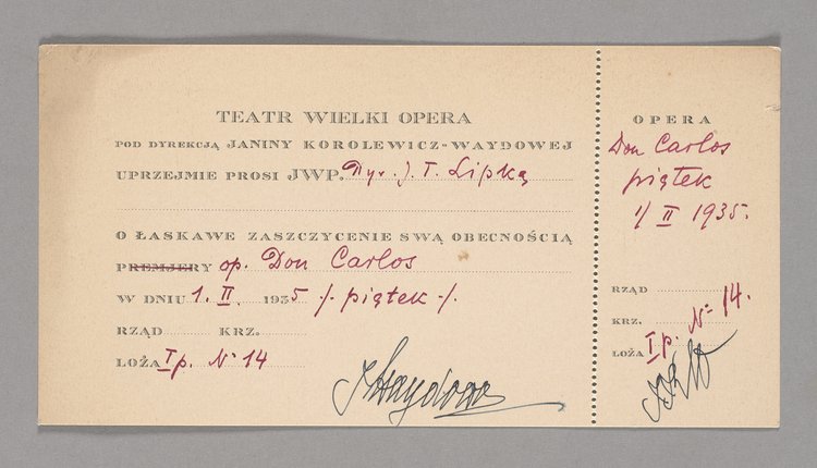 Zaproszenie/Bilet wstępu do Teatru Wielkiego Opery [w Warszawie] na operę "Don Carlos"