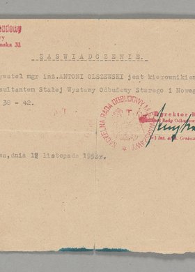 Zaświadczenie wystawione Antoniemu Olszewskiemu