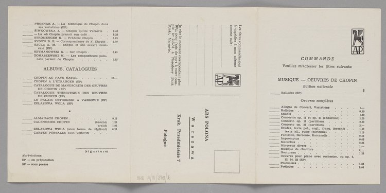 Broszura p.t. 'Oeuvres de Chopin et Publications sur Chopin' (Kraków, 1960) z wkładką służącą do zamawiania dzieł Fryderyka Chopina