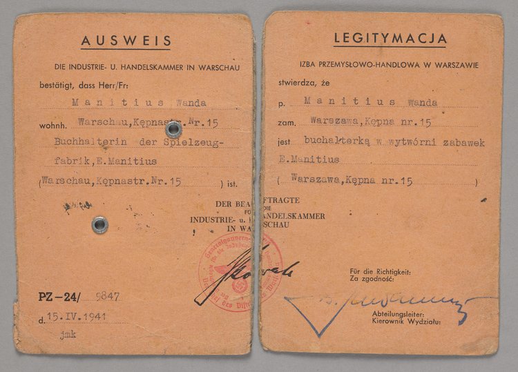 Ausweis/Legitymacja wystawiona Wandzie Manitius