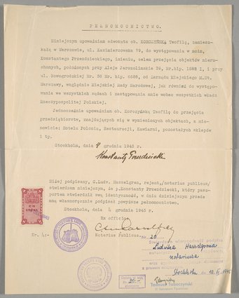Pełnomocnictwo wydane przez Konstantego hrabiego Przeździeckiego dla adwokat Teofilii Korczyńskiej