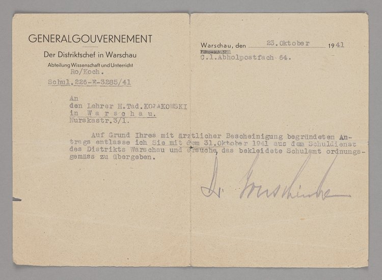 Pismo skierowane do Tadeusza Kołakowskiego z informacją o cofnięciu pozwolenia na nauczanie