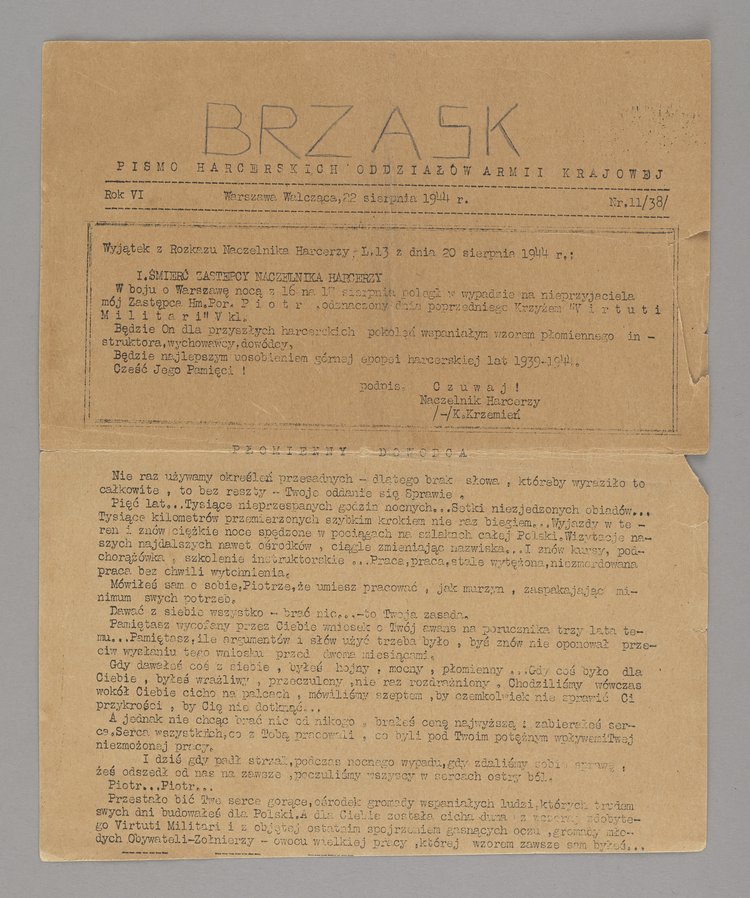 Gazeta Brzask. Pismo harcerskie oddziałów Armii Krajowej, Nr 11 (38), Rok VI z 22 sierpnia 1944 r.