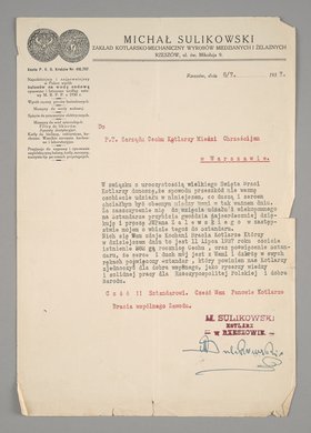 Pismo skierowane do Zarządu Cechu Kotlarzy Miedzi Chrześcijan w Warszawie