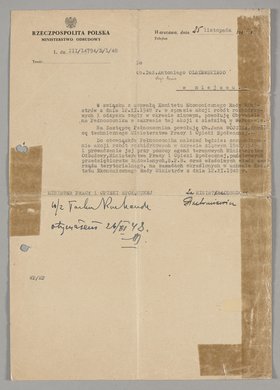 Pismo skierowane do Antoniego Olszewskiego powołujące go na Pełnomocnika w zakresie akcji robót rozbiórkowych i odzysku cegły w okresie zimowym