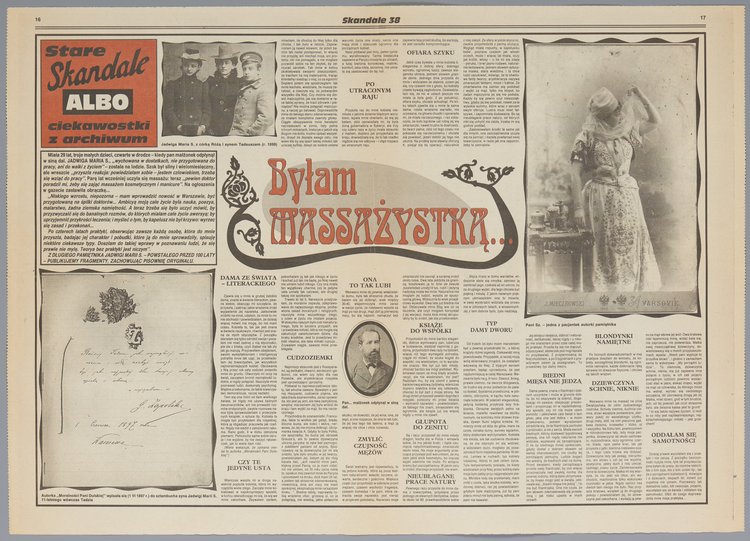 Fragment gazety p.t. "Skandale" z artykułem p.t. "Byłam massażystką ..." z serii "Stare Skandale albo ciekawostki z archiwum"