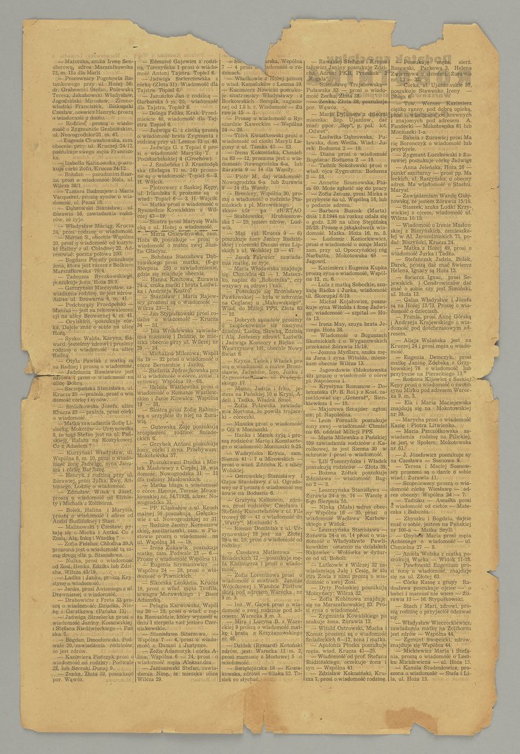 Dodatek Specjalny do gazety Robotnik-Poszukiwanie rodzin z 24 sierpnia 1944 r.