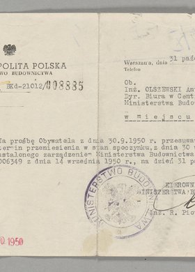 Pismo skierowane do Antoniego Olszewskiego z informacją o przesunięciu daty przeniesienia go w stan spoczynku