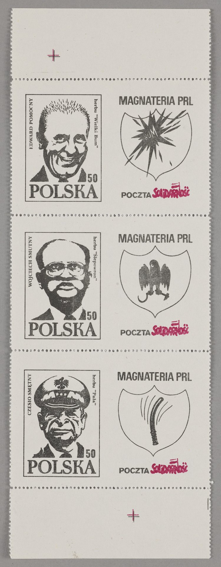 Znaczek pocztowyw w formie bloczku trzech znaczków okolicznościowych z serii "Magnateria PRL"