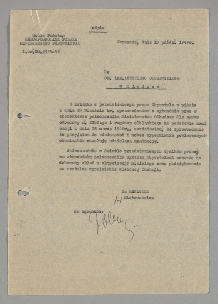 Odpis pisma wysłanego do Antoniego Olszewskiego