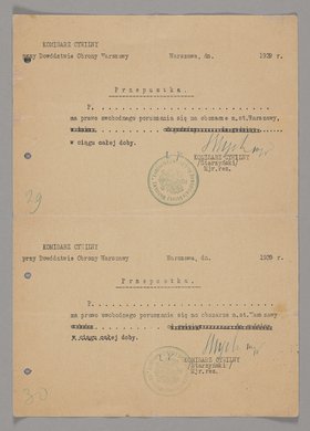 Blankiet przepustki wydawanej przez Komisarza Cywilnego przy Dowództwie Obrony Warszawy