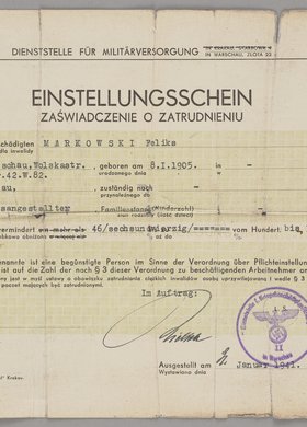 Einstellungsschen/Zaświadczenie o zatrudnieniu Feliksa Markowskiego wystawione przez Departament Zaopatrzenia Wojskowego w Warszawie