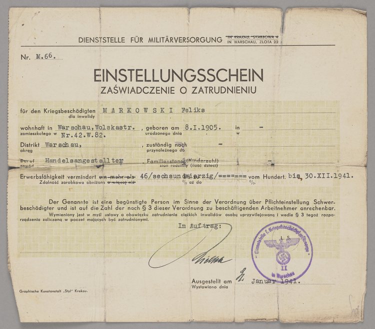 Einstellungsschen/Zaświadczenie o zatrudnieniu Feliksa Markowskiego wystawione przez Departament Zaopatrzenia Wojskowego w Warszawie