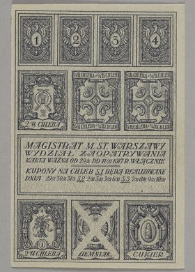 Bon zaopatrzeniowy z okresu I Wojny Światowej wydany przez Magistrat Miasta stołecznego Warszawy. Wydział Zaopatrywania na chleb i cukier