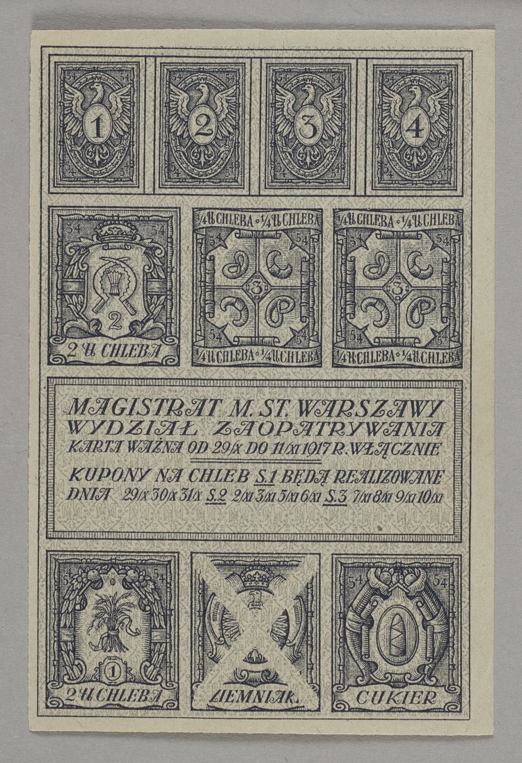 Bon zaopatrzeniowy z okresu I Wojny Światowej wydany przez Magistrat Miasta stołecznego Warszawy. Wydział Zaopatrywania na chleb i cukier