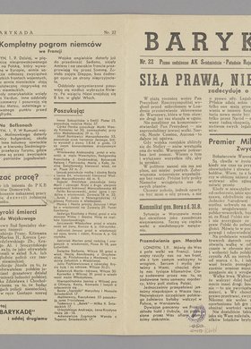 Gazeta Barykada. Pismo codzienne AK Śródmieście-Południowe. Regiony III i II", Nr 22 z 2 września 1944 r.