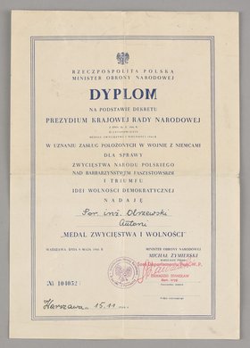 Dyplom przyznany porucznikowi inżynierowi Antoniemu Olszewskiemu