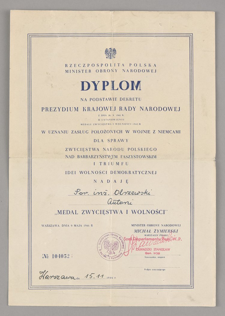 Dyplom przyznany porucznikowi inżynierowi Antoniemu Olszewskiemu