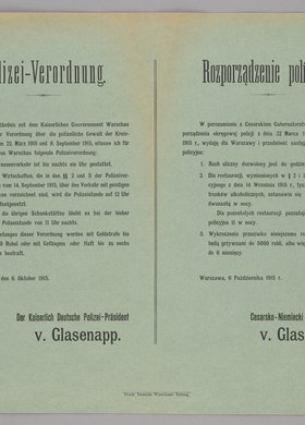 Polizeiverordnung / Rozporządzenie policyjne o ustanowieniu w Warszawie godziny policyjnej dla ruchu ulicznego i godzin otwarcia lokali z wyszynkiem