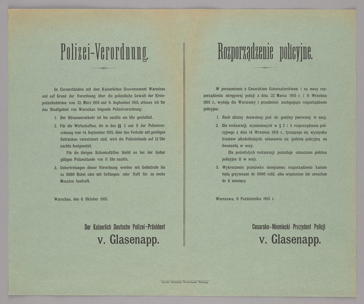 Polizeiverordnung / Rozporządzenie policyjne o ustanowieniu w Warszawie godziny policyjnej dla ruchu ulicznego i godzin otwarcia lokali z wyszynkiem