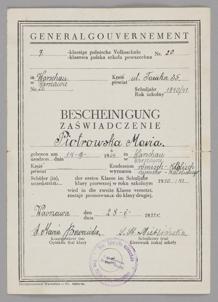 Bescheinigung/Zaświadczenie szkolne Marii Piotrowskiej