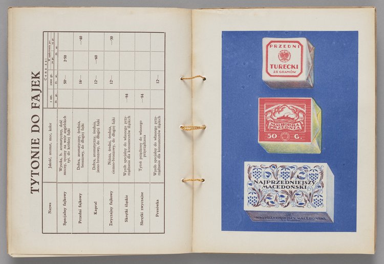 Katalog p.t. 'Co palić w roku 1931. Ilustrowany Katalog Polskiego Monopolu Tytoniowego' wraz z ulotką reklamową papieru papierosowego 'AIDA'