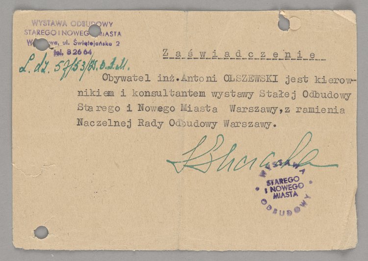 Zaświadczenie wystawione Antoniemu Olszewskiemu