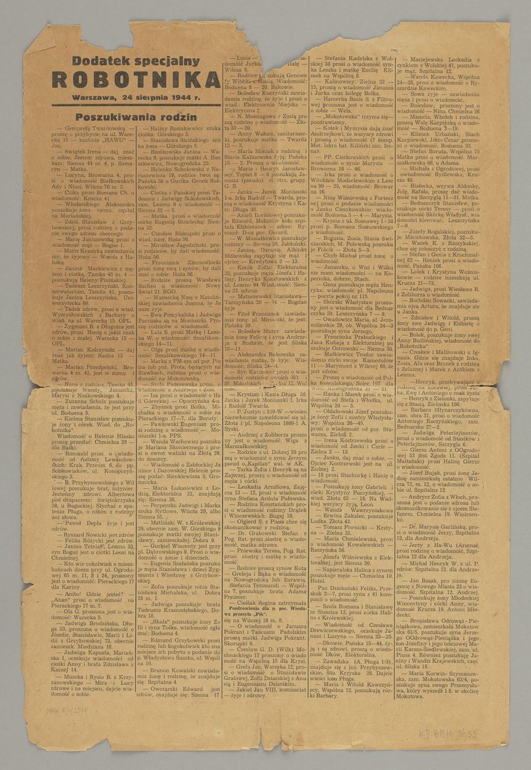 Dodatek Specjalny do gazety Robotnik-Poszukiwanie rodzin z 24 sierpnia 1944 r.