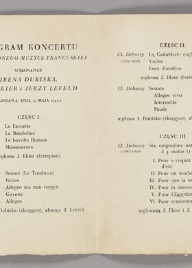 Program koncertu poświęconego muzyce francuskiej z okresu okupacji