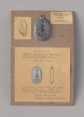 Projekt pamiątkowego medalionu zawierającego grudkę gruzu zniszczonej Warszawy po II wojnie światowej; 1947-1952