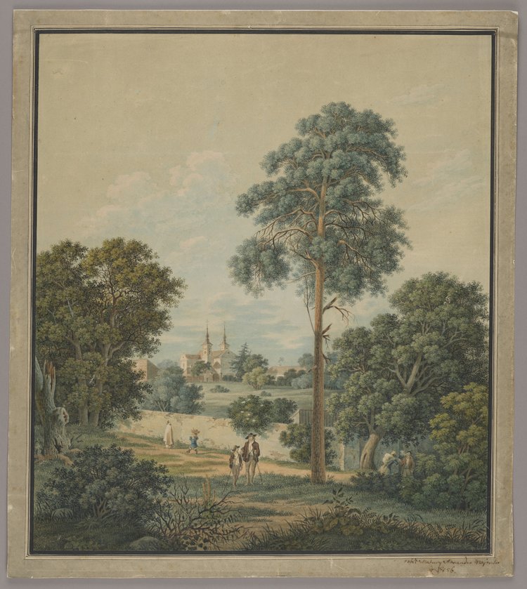 Widok z Lasku Bielańskiego na klasztor Kamedułów na Bielanach