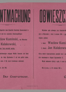 Bekanntmachung / Obwieszczenie o skazaniu na śmierć dwóch mieszkańców Warszawy za napad rabunkowy z bronią w ręku