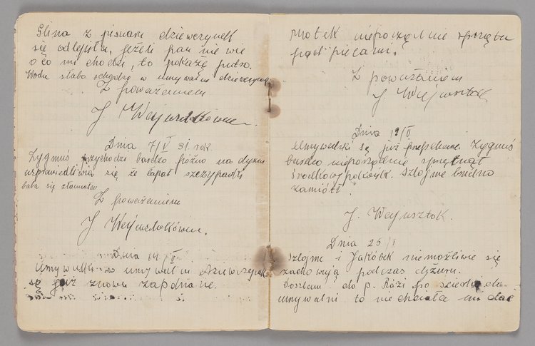 Zeszyt Jadzi Wajnsztok, dyżurnej Domu Sierot z wpisami Janusza Korczaka (Henryka Goldszmita)
