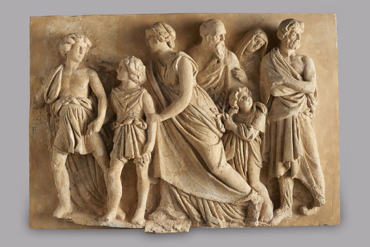 Fragment fryzu z Teatru Wielkiego przedstawiający mieszkańców Teb zmierzających przed ołtarze