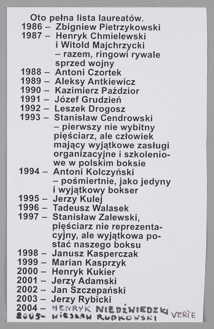Blankiet potwierdzający przyznanie Nagrody im. Aleksandra Rekszy wraz z listą dotychczasowych laureatów z lat 1986-2007