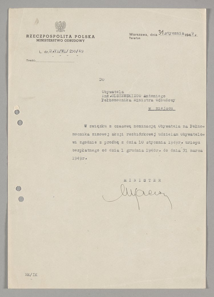 Pismo skierowane do Antoniego Olszewskiego z informacją o udzieleniu mu urlopu bezpłatnego