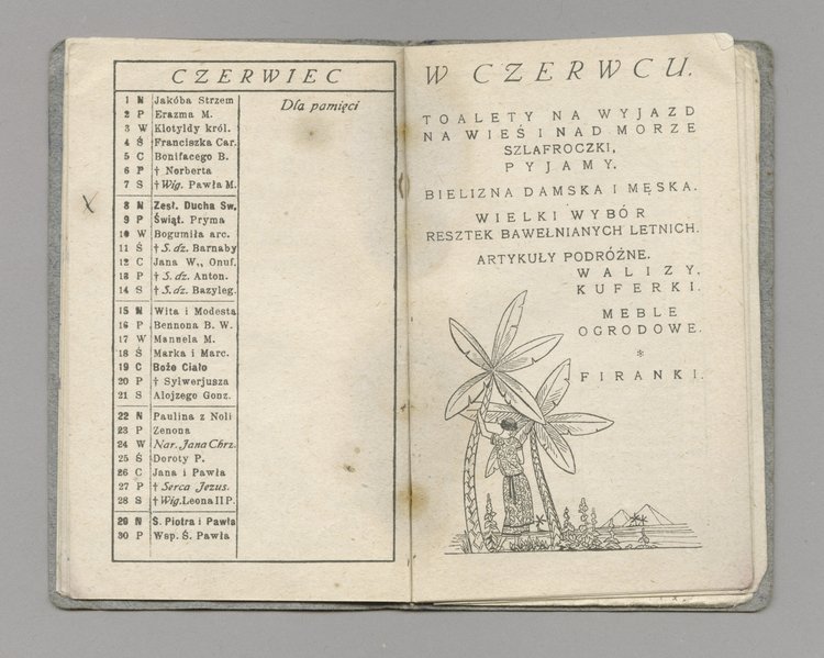 Kalendarz kieszonkowy na 1924 rok oraz kartka z widokiem Domu Towarowego Bracia Jałkowscy