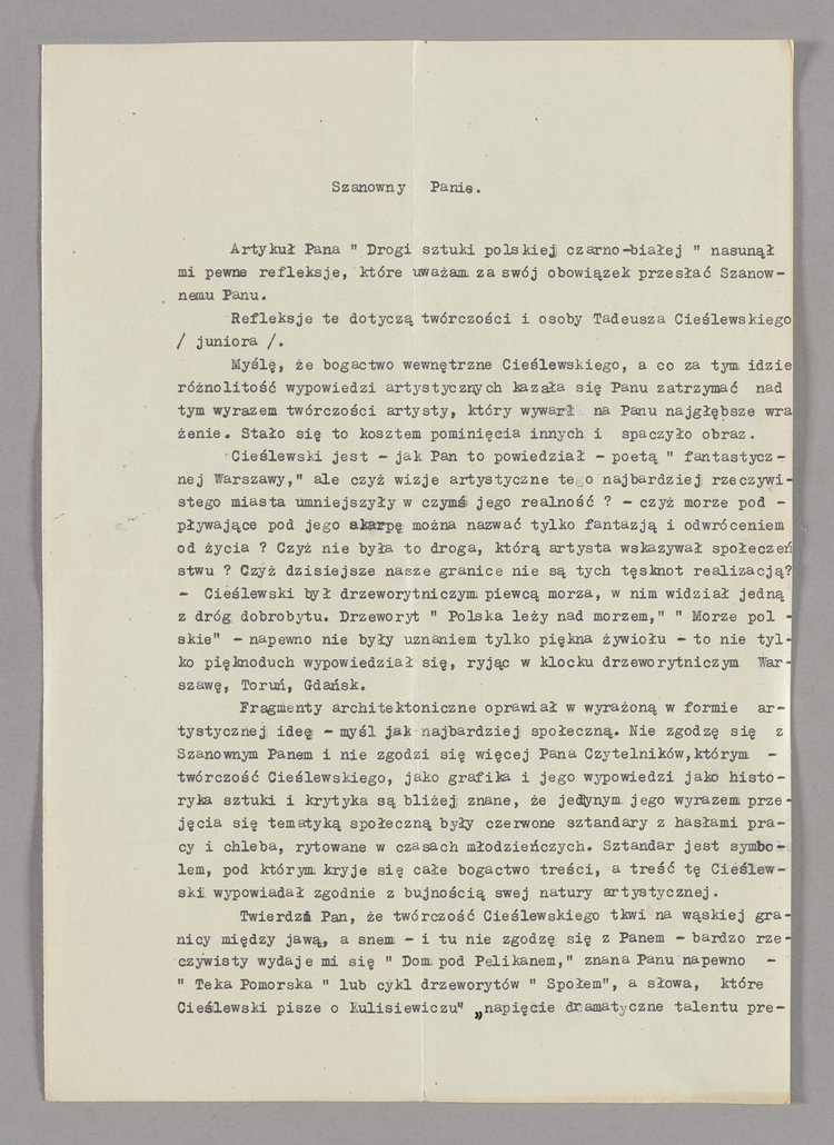 List z uwagami nieznanej osoby do autora artykułu p.t. Drogi sztuki polskiej czarno-białej