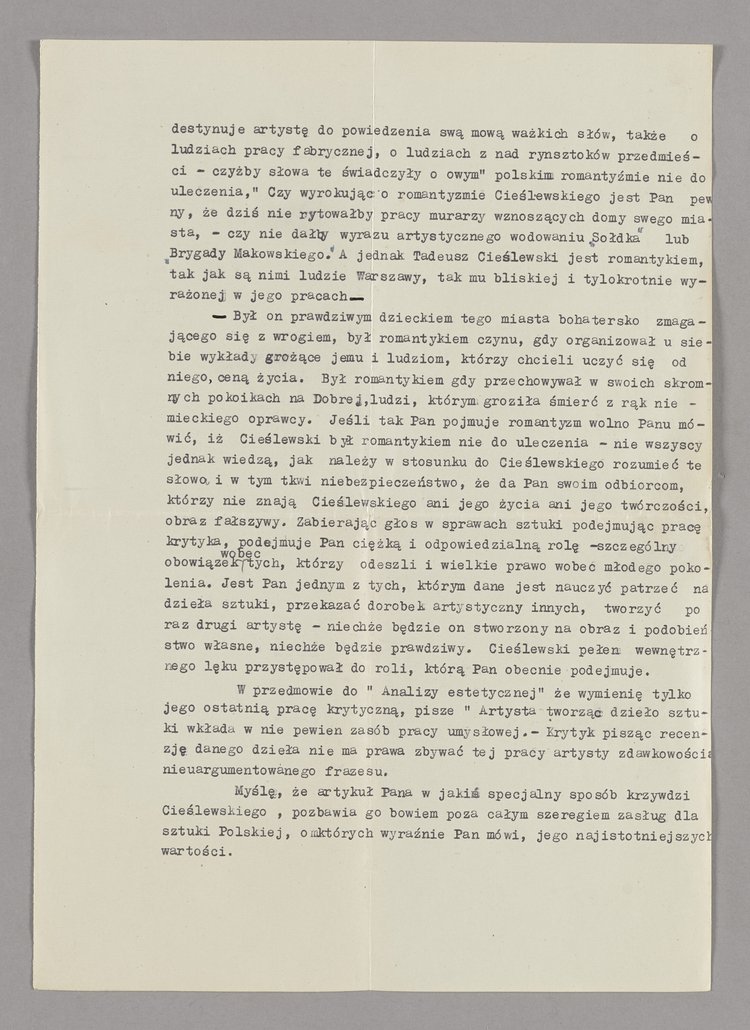 List z uwagami nieznanej osoby do autora artykułu p.t. Drogi sztuki polskiej czarno-białej