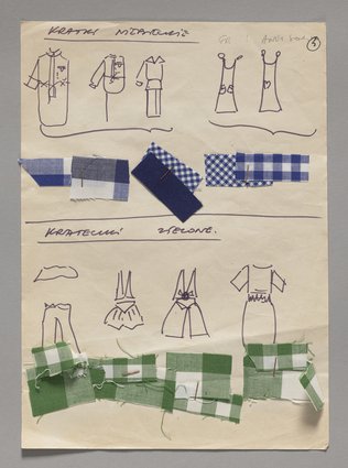Szkice - projekty ubiorów z tkanin w zieloną i niebieską kratę