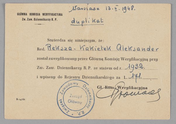 Duplikat zaświadczenia wystawionego Aleksandrowi Rekszy-Kakietkowi