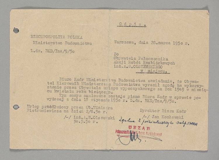 Odpis pisma skierowanego do Antoniego Olszewskiego z informacją o przyznaniu mu urlopu wypoczynkowego