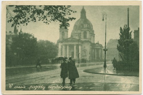 Pocztówka reklamowa tabletek Aspirin; plac Trzech Krzyży
