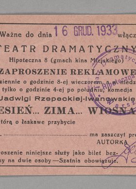 Zaproszenie reklamowe na spektakl p.t. "Jesień ... Zima ... Wiosna" w Teatrze Dramatycznym [w Warszawie]