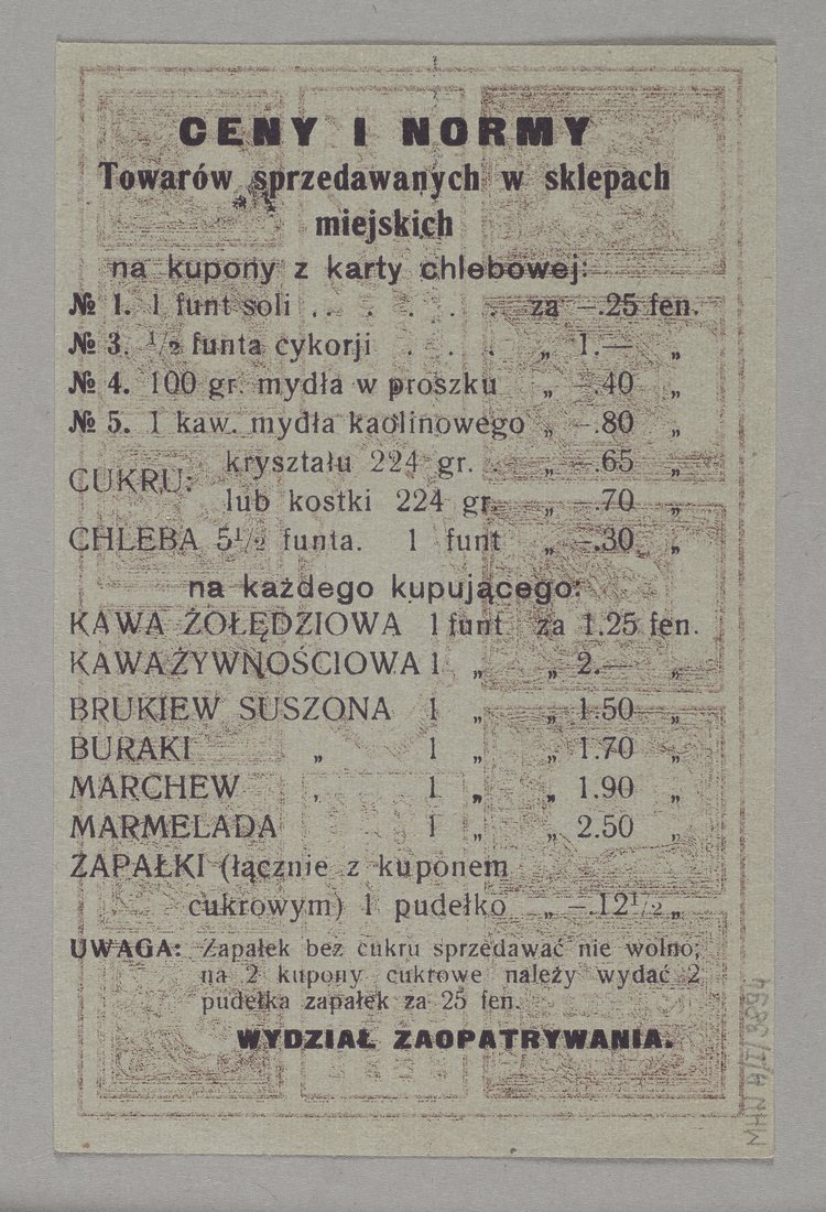 Bon zaopatrzeniowy z okresu I Wojny Światowej wydany przez Magistrat Miasta stołecznego Warszawy na chleb, cukier i ziemniaki