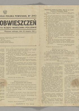 Dziennik Obwieszczeń Rejonowego Delegata Rządu Warszawa Południe, Nr 1 z 20 sierpnia 1944 r.