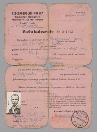 Zaświadczenie Punktu Przyjęcia w Dziedzicach Państwowego Urzędu Repatriacyjnego Ministerstwa Administarcji Publicznej